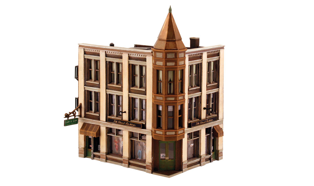 Corner Department Store - HO Scale Kit - Dress up your downtown scene with the classic Victorian architecture and large first-floor picture windows of the Corner Department Store