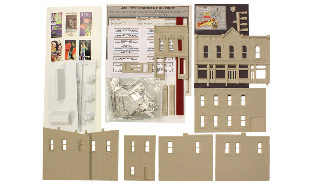 Entertainment District - HO Scale Kit - Give your layout town residents somewhere to go on Saturday night with this downtown theater with an adjacent bar and grill