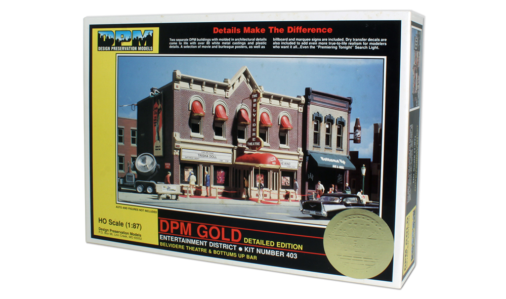 Entertainment District - HO Scale Kit - Give your layout town residents somewhere to go on Saturday night with this downtown theater with an adjacent bar and grill
