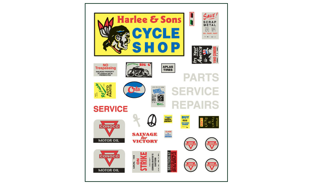 Harlee & Sons Cycle Shop - HO Scale Kit - Includes details, such as motorcycles, junked car frame, gas pumps, billboard, motorcycle with sidecar, soda machine, tool shed, junk piles, chain-link fence, toolbox, small signboard, workbench, tires, dry transfer decals and more! See photos for footprint