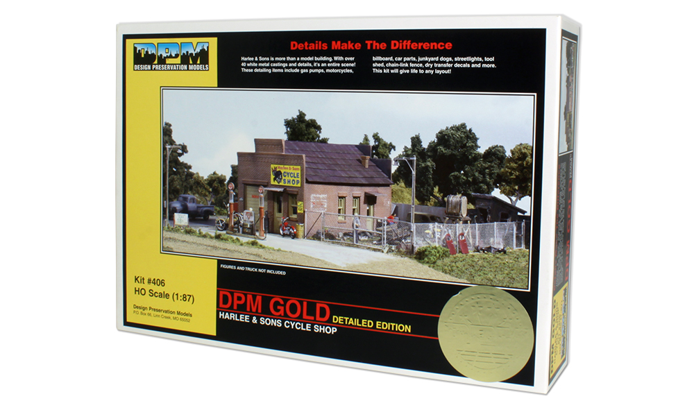 Harlee & Sons Cycle Shop - HO Scale Kit - Includes details, such as motorcycles, junked car frame, gas pumps, billboard, motorcycle with sidecar, soda machine, tool shed, junk piles, chain-link fence, toolbox, small signboard, workbench, tires, dry transfer decals and more! See photos for footprint
