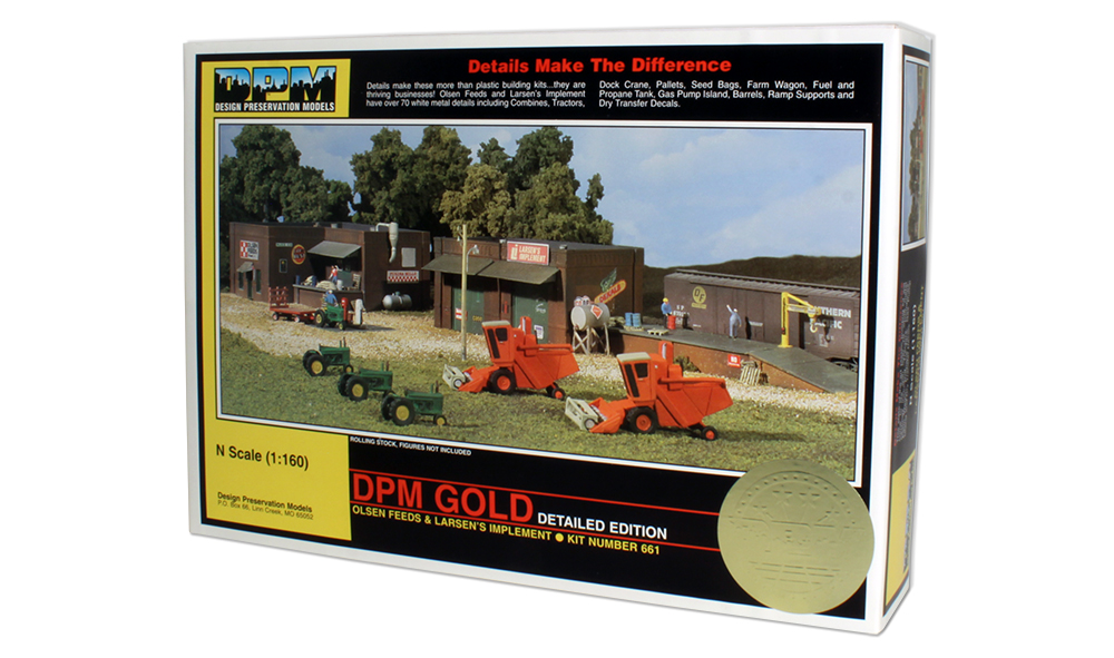 Olsen Feed & Larsen's Implement - N Scale Kit - Every rural area layout needs an agricultural center, and this multi-building agri-business is spur-perfect! More than 70 details including tractors, dock crane, seed bags, farm wagon, fuel tank, awnings, cyclone, wall and roof vents, gas pump island, ramp supports, dry transfer decals and more! See photos for footprint