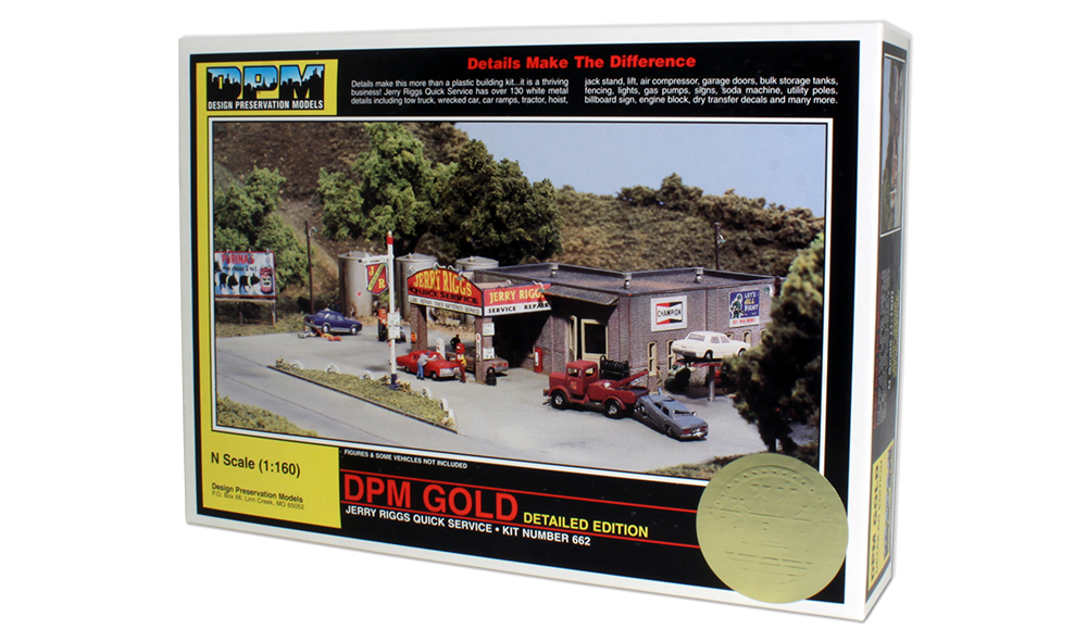 Jerry Riggs Quick Service - N Scale Kit - Full-service is alive and well on your layout! Vintage service station includes more than 130 details, including a tow truck, wrecked car, billboard, tire rack and tires, sign lights, gas station sign, fork lift, compressor, small kerosene tank, dry transfer decals and more! See photos for footprint