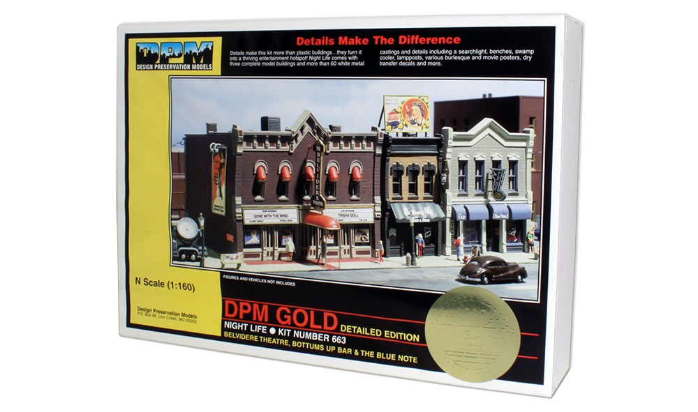 Night Life - N Scale Kit - Give your layout town residents somewhere to go on Saturday night with this downtown theater, adjacent bar and grill and jazz club