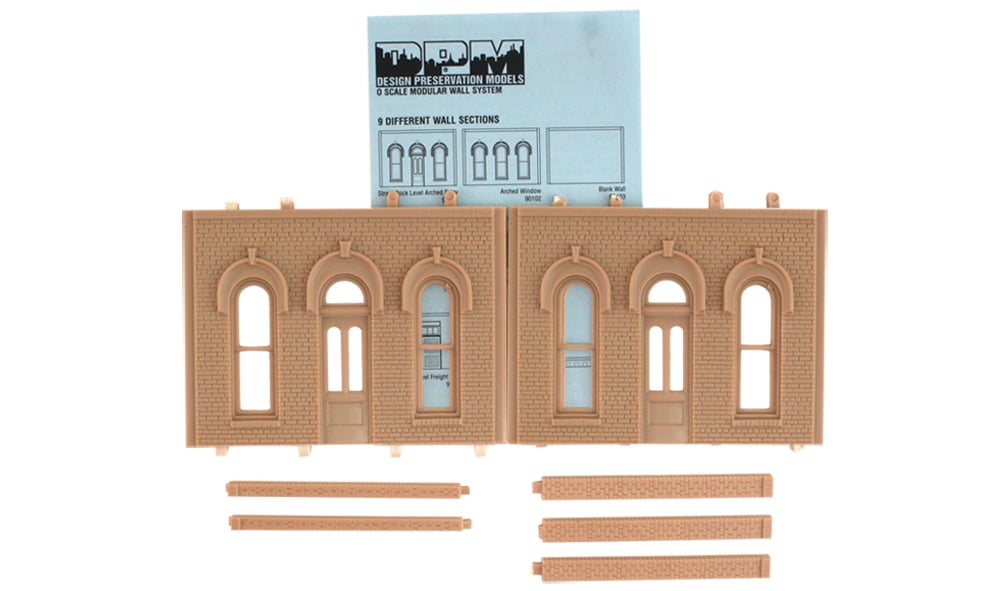 Street/Dock Level Arched Entry - Two wall sections and five pilasters per package
Each section is 4 1/8" w x 3 1/16" h (10