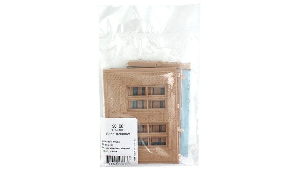 Double Rectangular Window - Two wall sections and five pilasters per package
Each section is 4 1/8" w x 3 1/16" h (10