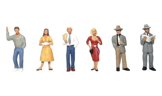 Pedestrians - HO Scale - Four men and two women in various poses of conversation, reading or merely waiting, perhaps for a bus