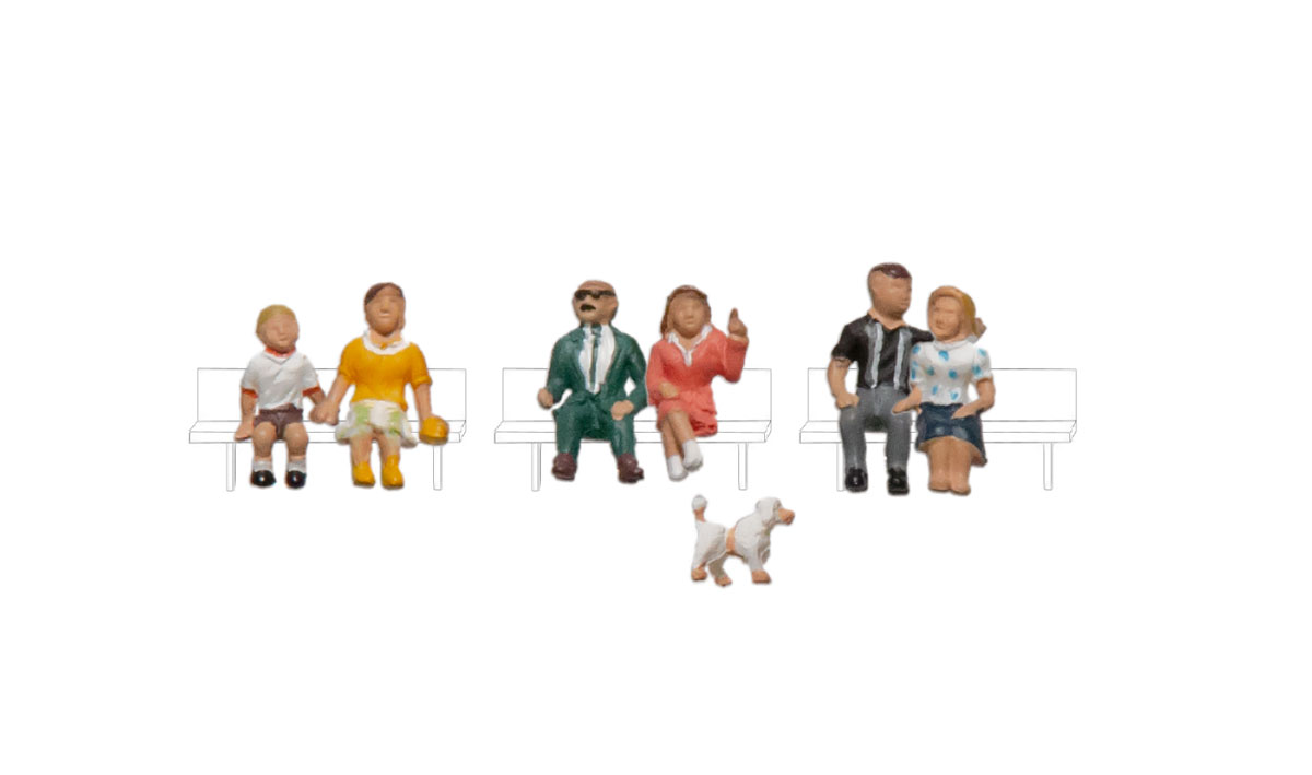 Sitting & Waiting - HO Scale - This set includes two men, three women, a child and a dog