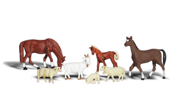 Livestock - HO Scale - Set includes sheep, horses and a goat in varying sizes and poses