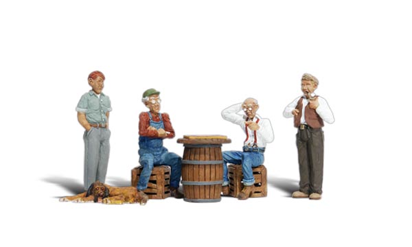 Checker Players -  HO Scale - Two men sit at an old whiskey barrel playing checkers