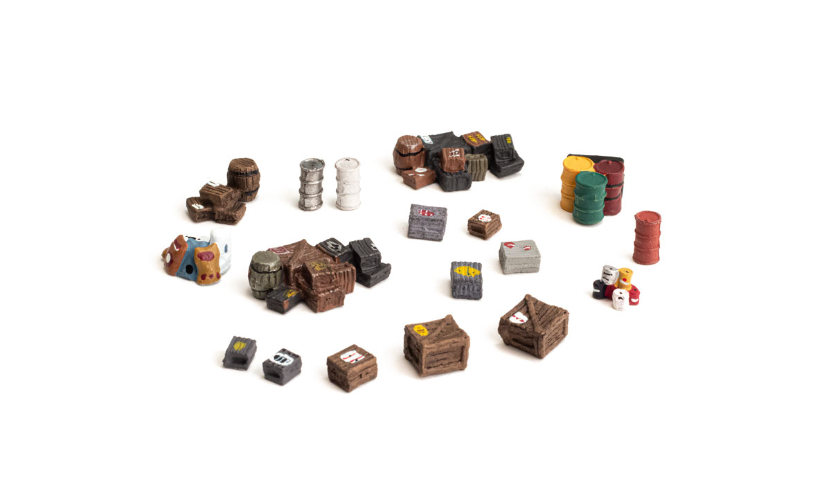 Assorted Crates - HO Scale - Set includes an assortment of large, medium and small wooden crates to use individually or to stack