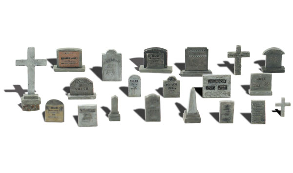 Tombstones - HO Scale - Set includes an assortment of square, rounded, cross and obelisk tombstones