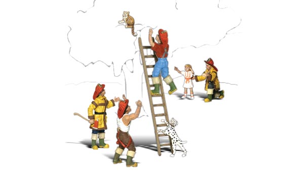 Firemen to the Rescue - HO Scale - A set of firemen, a little girl, a dog, cat and a ladder