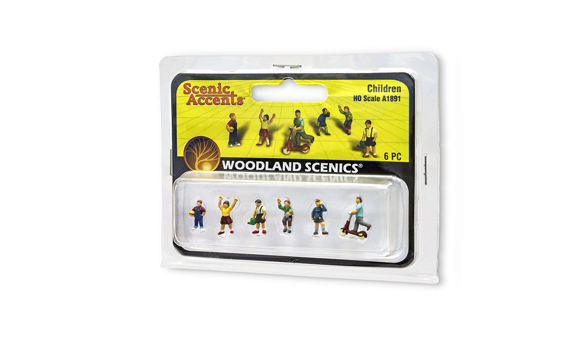Children - HO Scale - A set of children riding scooters, waving, carrying a lunchbox, calling out and playing