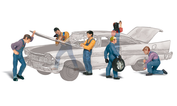 Auto Mechanics - HO Scale - One auto mechanic welds and another wrenches while two change a tire, another drills and one supervises