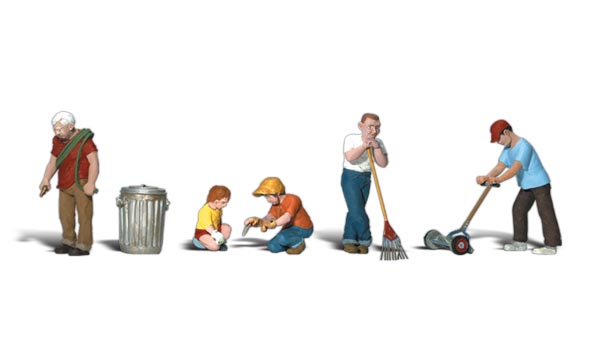 Lawn Workers - HO Scale - A man rakes, one uses an old-time grass mower, and two workers tend the soil while one prepares to water