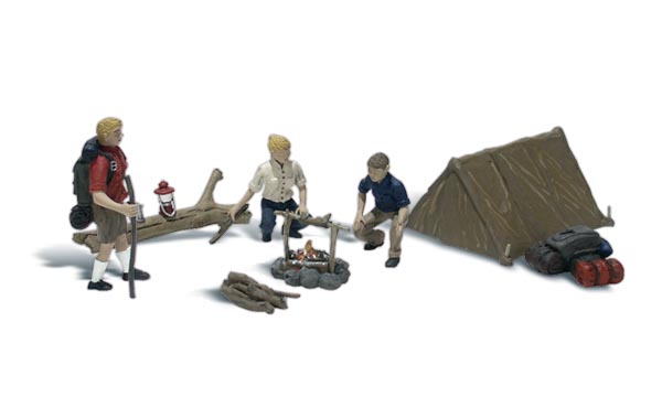 Campers - HO Scale - Three people with a tent, lantern, fire-pit with firewood and sleeping bags