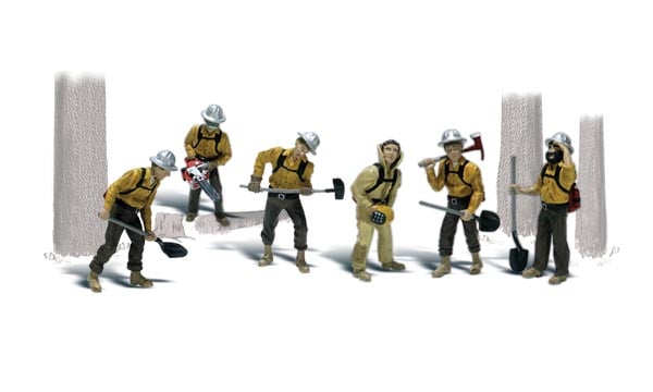 Smoke Jumpers - HO Scale - Six firefighters wearing backpacks with tools in hands are ready to fight the flames