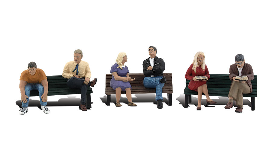 People on Benches - HO Scale - A set of three benches and six people