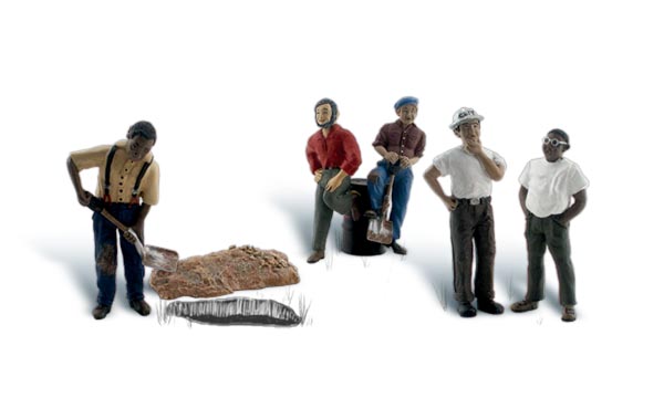 One Man Crew - HO Scale - Add this scene to your layout, with five workers&hellip;uh, make that one worker, four supervisors and a barrel! 
Set contains 7 pieces
