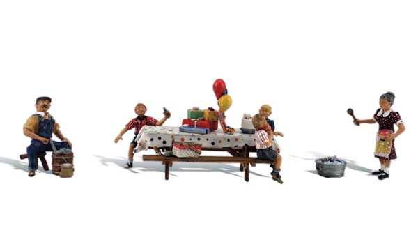 Backyard Birthday - HO Scale - Mom oversees the birthday festivities and excited children while Dad churns some fresh homemade ice cream!
Set contains 4 pieces