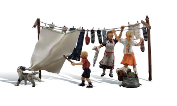 Wash Day Getaway - HO Scale - That mischievous Spot has other plans for the clean sheets on the family&rsquo;s wash day!
Set contains 6 pieces