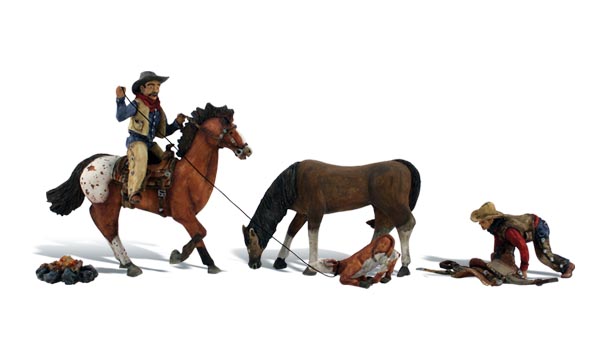 Ridin' & Ropin' - HO Scale - A cowboy rounds up a little dogie for branding while another prepares to saddle up! 
Set contains 6 pieces