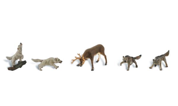 Wildlife Standoff - HO Scale - A feisty trophy-buck fends off three wolves while the fourth howls for reinforcements