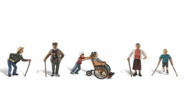 Physically Challenged - HO Scale - Two elderly men and a woman hobble on canes while a youth cruises by on crutches, and a young boy pushes grandma in her wheelchair