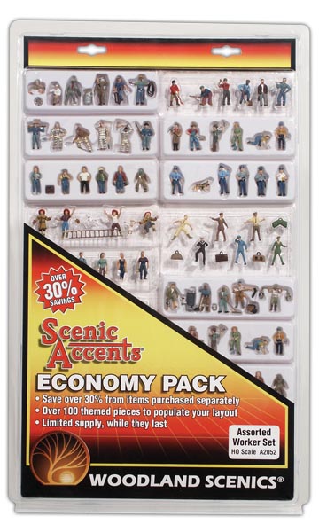 Economy Pack - Assorted Worker Set - HO Scale - More than 100 themed figures, animals and accessories to create multiple scenes on any layout