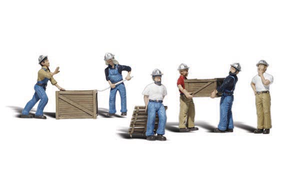 Dock Workers - N Scale - One dock worker is holding up his hand to signify stopping an operation