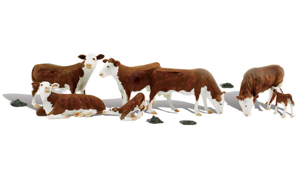 Hereford Cows - N Scale - Hereford cows and calves, in various poses, hang out in the pasture