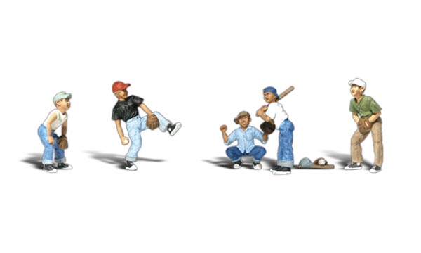 Baseball Players I - N scale - A set of five tough kids who look at home on a country baseball diamond or playing in city streets - a catcher, pitcher, batter and two outfielders