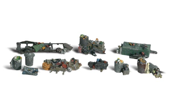 Assorted Junk - N scale - Old trash cans, spent motors, ancient furnaces and other junk piles are scattered around