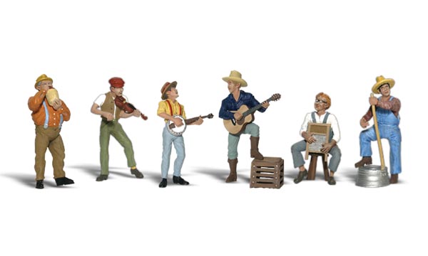Jug Band - N scale - Six band members- a guitar player, a jug player, a banjo picker, a washboard strummer, a fiddler and a man strumming a wash tub bass