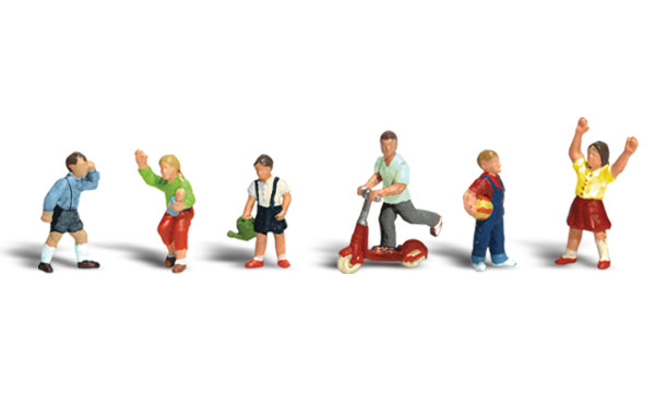 Children - N scale - A set of children riding on scooters, waving, carrying a lunchbox, calling out and playing