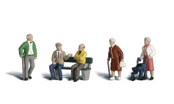 Senior Citizens - N Scale - This scene includes both a man and a woman with canes, one woman with a walker and two men seated on a park bench