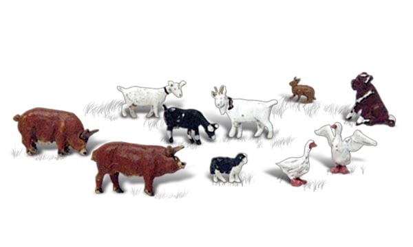 Barnyard Animals - N Scale - Make your barnyard scene busy with the regular tizzy of these farm animals: geese, rabbits, pigs, etc