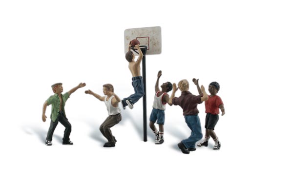Shootin' Hoops - N Scale - Six boys enjoy a street game of hoops