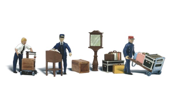 Depot Workers & Accessories - N Scale - The conductor reviews the passenger manifest at the check-in podium while two workers maneuver dollies loaded with luggage and shipping crates