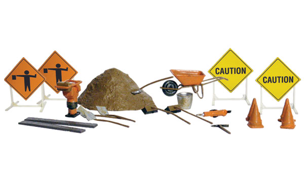Road Crew Details - N Scale - Set includes an assortment of Road Crew tools and supplies: warning signs, cones, a wheelbarrow, shovels, rakes, poles, a pile of ballast and a bucket