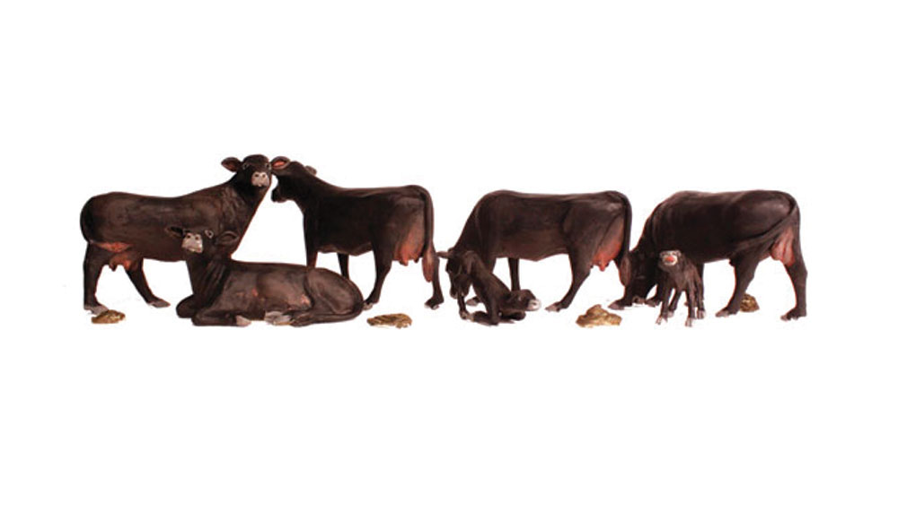 Black Angus Cows - N Scale - Black Angus cows and calves, in various poses, hang out in the pasture