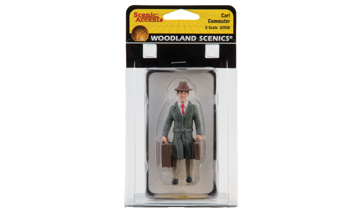 Carl Commuter - G scale - Carl waits patiently, dressed in his suit, trenchcoat and derby hat, with a small briefcase in one hand and a larger one in the other