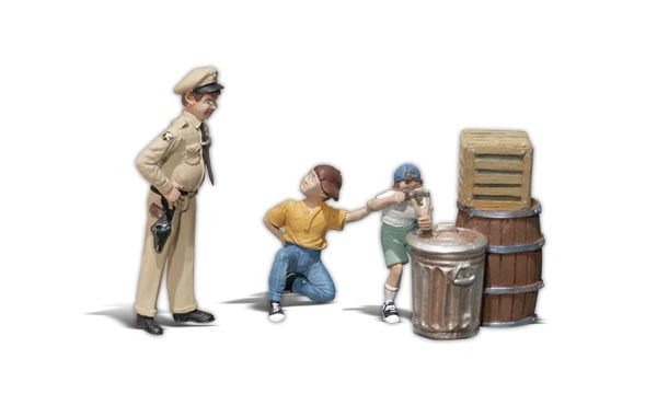 Barney's Big Bust - G scale - Policeman Barney catches two mischievous boys hiding behind a trashcan, barrel and crate, with slingshot drawn