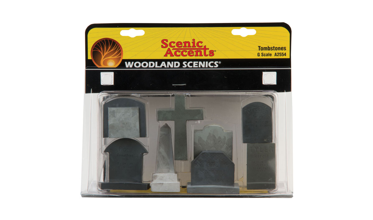 Tombstones - G Scale - This set contains an assortment of square, rounded, cross and obelisk tombstones