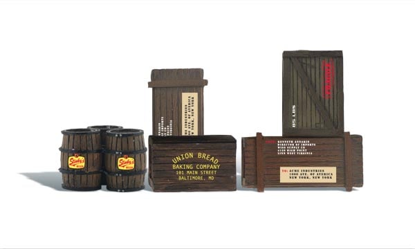 Wooden Crates and Barrels - G Scale - These four crates and three barrels look great on any loading dock, behind a store or on a truck