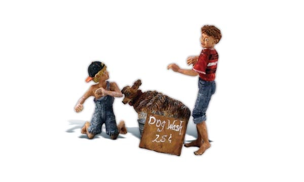 You Dirty Dog - G scale - Two enterprising youngsters operate a dog-washing stand complete with tub, suds, and a shaking-wet mutt