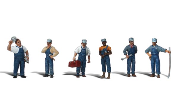 Train Mechanics - O Scale - One man is tipping his hat, one is carrying a hammer, two men are carrying wrenches, another a toolbox, and one man is leaning on a stick