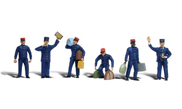 Train Personnel - O Scale - Three porters heft baggage, one stands empty-handed, the conductor checks his pocket watch, and the captain shouts, &quot;all aboard!&quot; 
Set contains 8 pieces