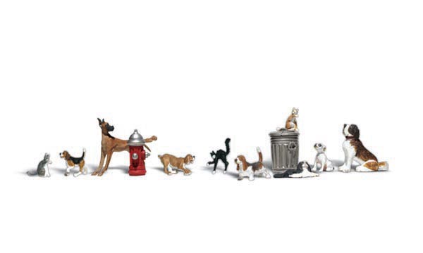 Dogs & Cats - O Scale - There are dogs and cats galore in this set - domestic and feral cats and seven dogs, some purebreds and some junkyard mutts
